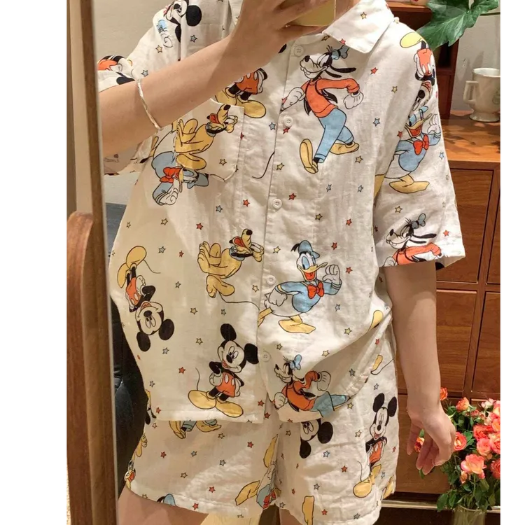 可爱卡通动漫彩色米奇睡衣女夏季薄款云朵棉短袖长裤家居服套装女