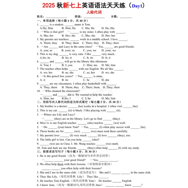 7115-2025秋新七上英语语法天天练PDF电子版