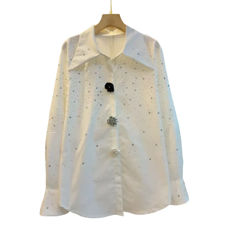 春季新款气质通勤时尚百搭立领亮钻重工衬衫