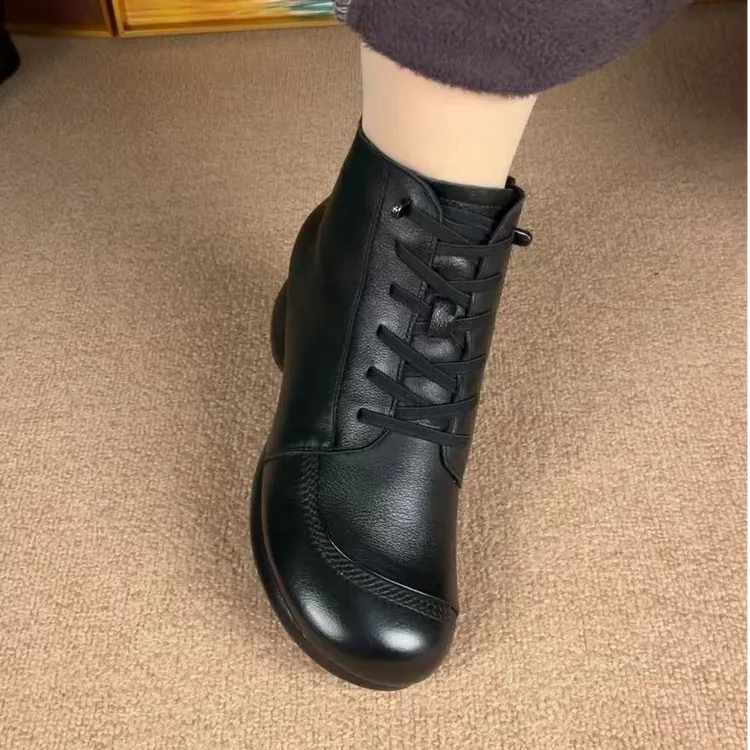 纯色森系胶粘防滑中粗跟复古瘦瘦靴真皮保暖妈妈短靴6652