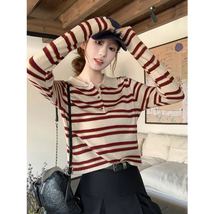 法式polo领撞色条纹长袖针织打底衫女早秋复古百搭设计感毛衣上衣