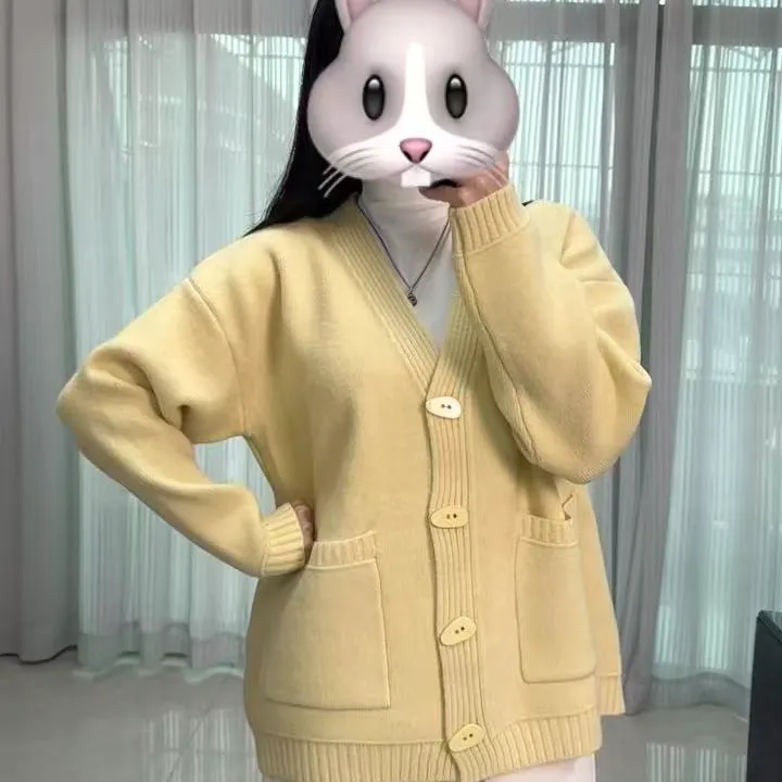 MO家宽松糖果色V领针织毛衣外套软糯显瘦牛角扣慵懒风纯色上衣