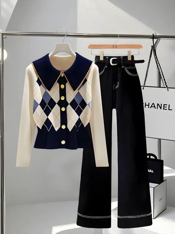 今年超火穿搭入秋一整套翻领长袖针织上衣休闲裤不撞衫小众两件套