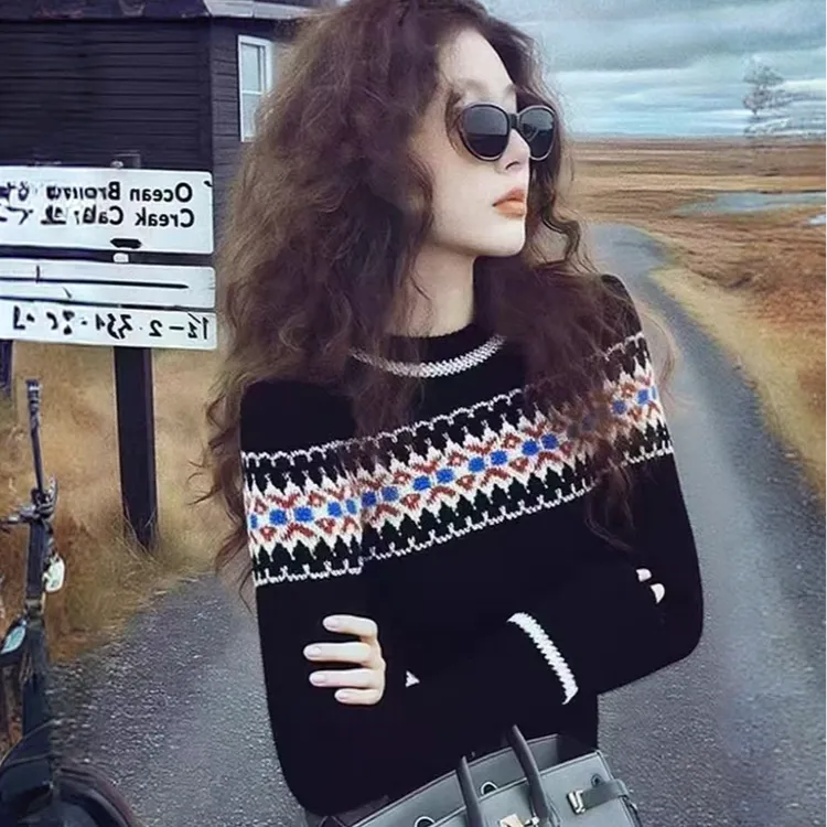 时尚复古文艺提花洋气套头毛衣女秋冬修身设计感小众百搭针织上衣