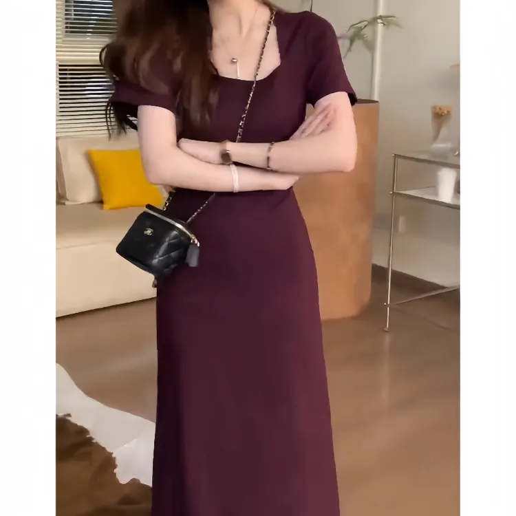 早秋气质长款连衣裙方领性感显瘦显白复古长裙法式短袖轻奢女人味