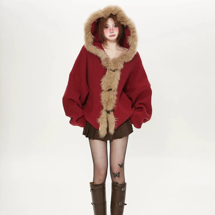 慵懒风大毛领连帽毛衣女秋冬新款圣诞穿搭高级感针织开衫保暖上衣