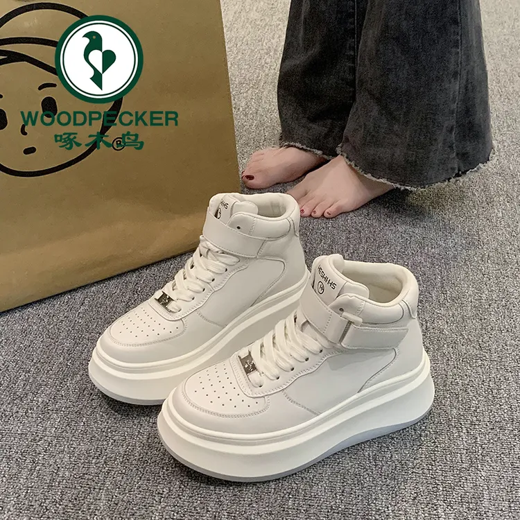 啄木鸟厚底小白鞋女2025秋季百搭魔术贴高帮鞋增高板鞋时尚休闲鞋