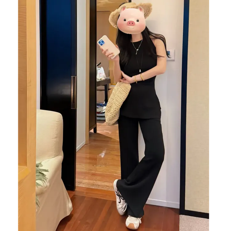 【显瘦纸片人】2025廓形遮胯黑色吊带上衣微喇腿精长裤套装3279#