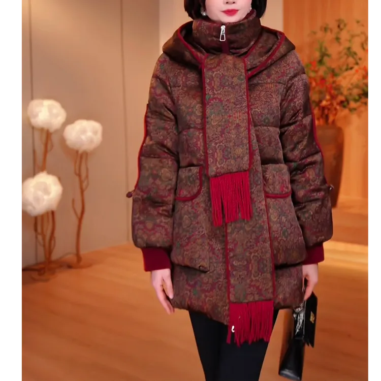 云竹25年长款冬季女装棉服拼接连帽时尚洋气宽松保暖 FY-1611