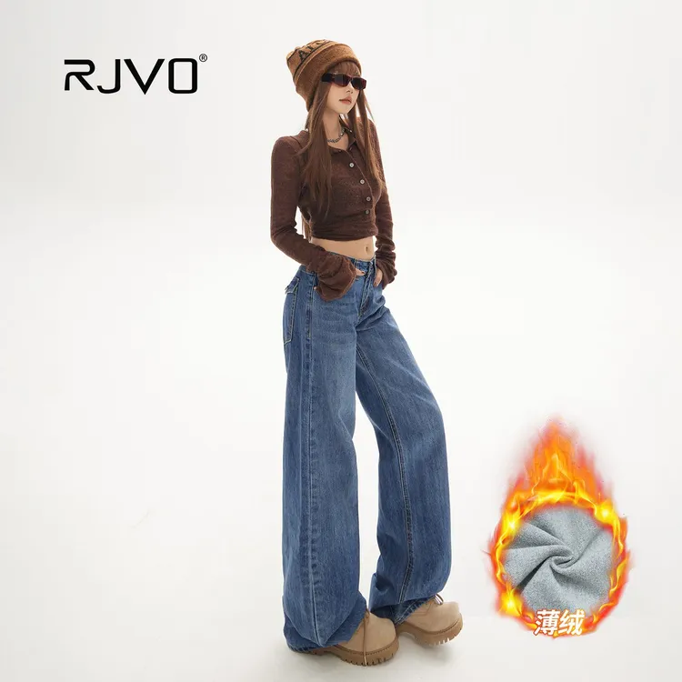 RJVO新款百搭ins风低腰宽松阔腿裤直筒裤显瘦牛仔裤女加绒