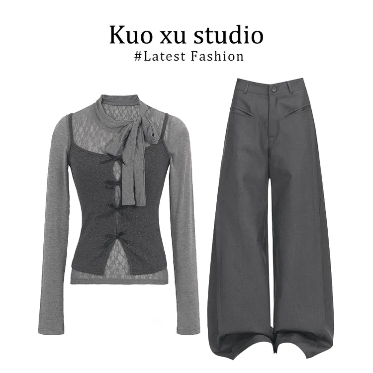 时尚穿搭女士秋季圆领长袖慵懒风内搭上衣蝴蝶系带背心小众休闲裤