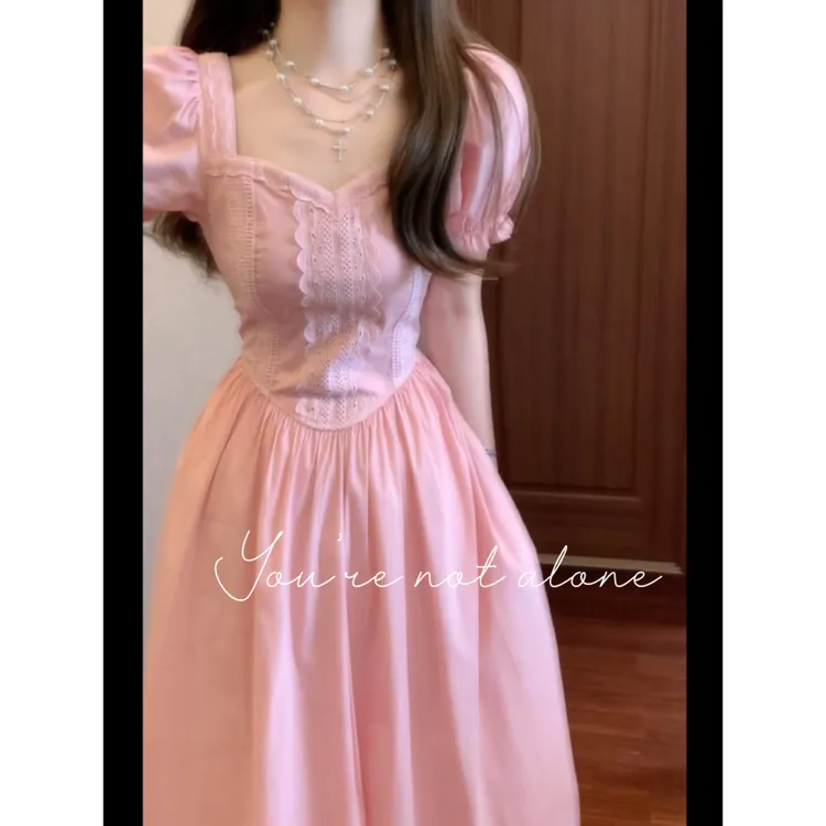 【樱粉蜜桃】2025夏季新款法式浪漫宫廷风小众泡泡袖收腰连衣长裙女