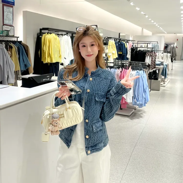 老钱调小众肌理感牛仔外套H型复古小香风立领夹克潮牌百搭气质