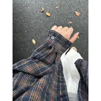 藏青色格子宽松衬衫外套女2025新款秋冬高级感轻奢减龄长袖上衣