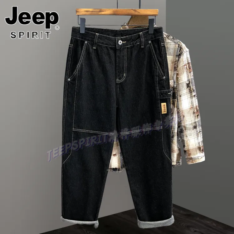 Jeep吉普高端辑明线设计牛仔裤男士水洗休闲直筒裤春秋季微宽长裤