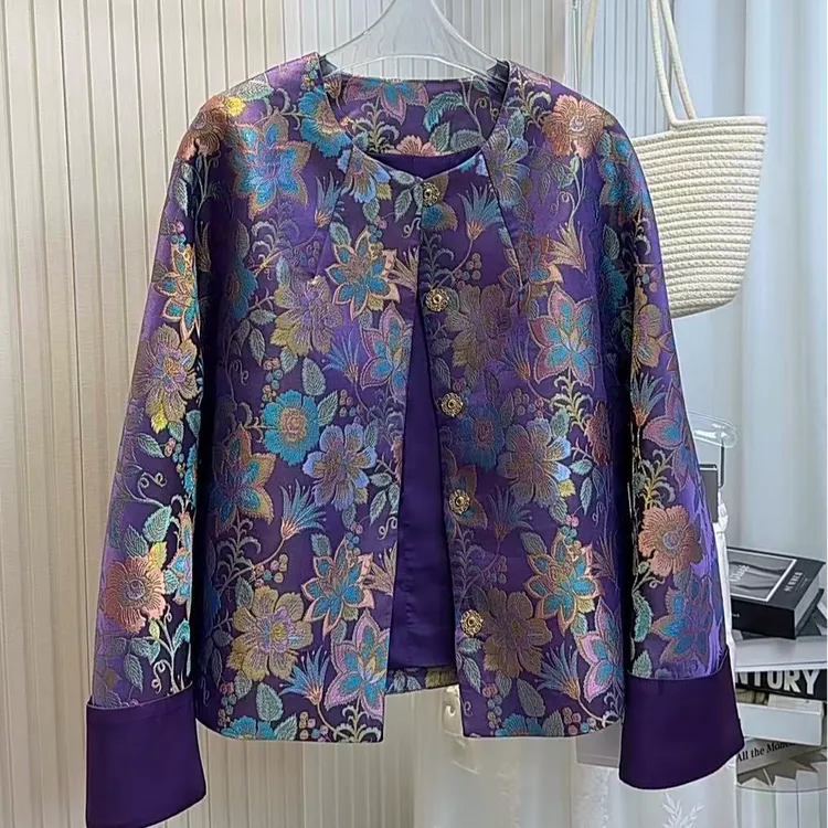 【紫金蕊】秋季新款国风新中式紫色重工织锦提花插肩袖复古短外套女