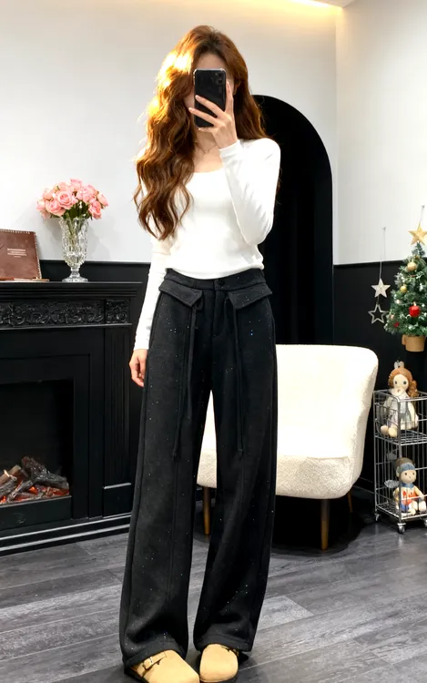 5060/5021 G 女士爆闪双腰头弯刀阔腿裤 F80