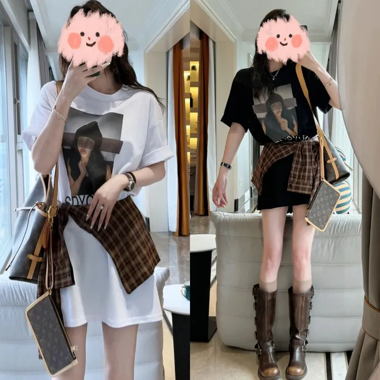 夏季短袖时尚格子可披肩可腰封/美人印花T裙两件套显瘦休闲套装