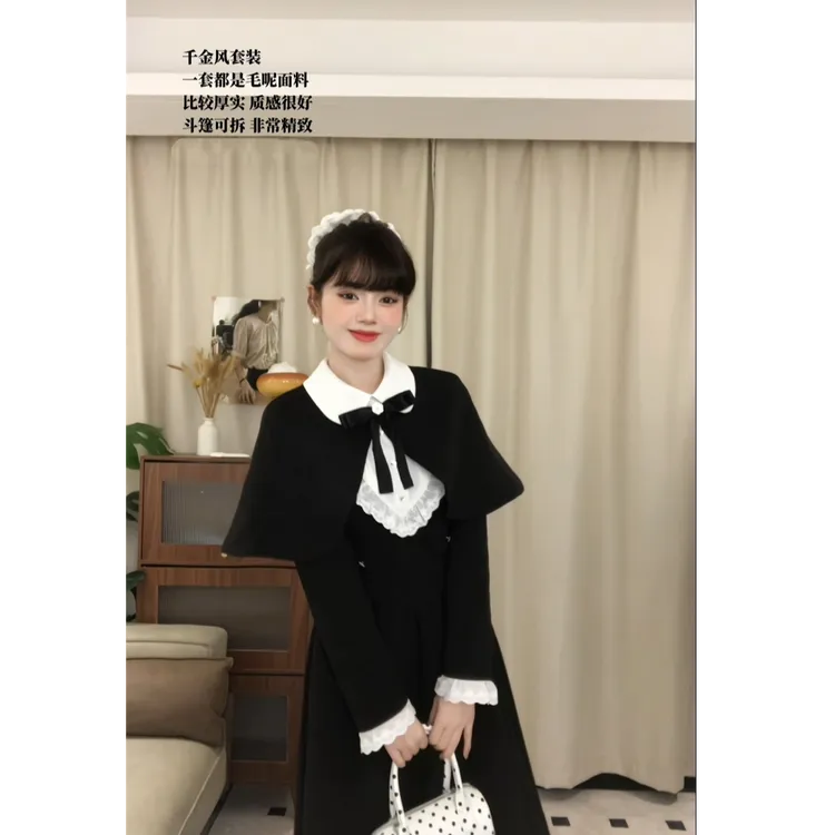 予夜诗 法式复古温柔千金风套装女纯欲披肩长款连衣裙两件套潮