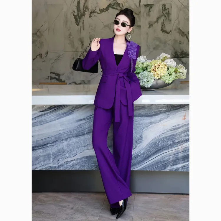 ZEROYK高级感职业装2025年秋季新款国风花朵系带西服直筒裤两件套