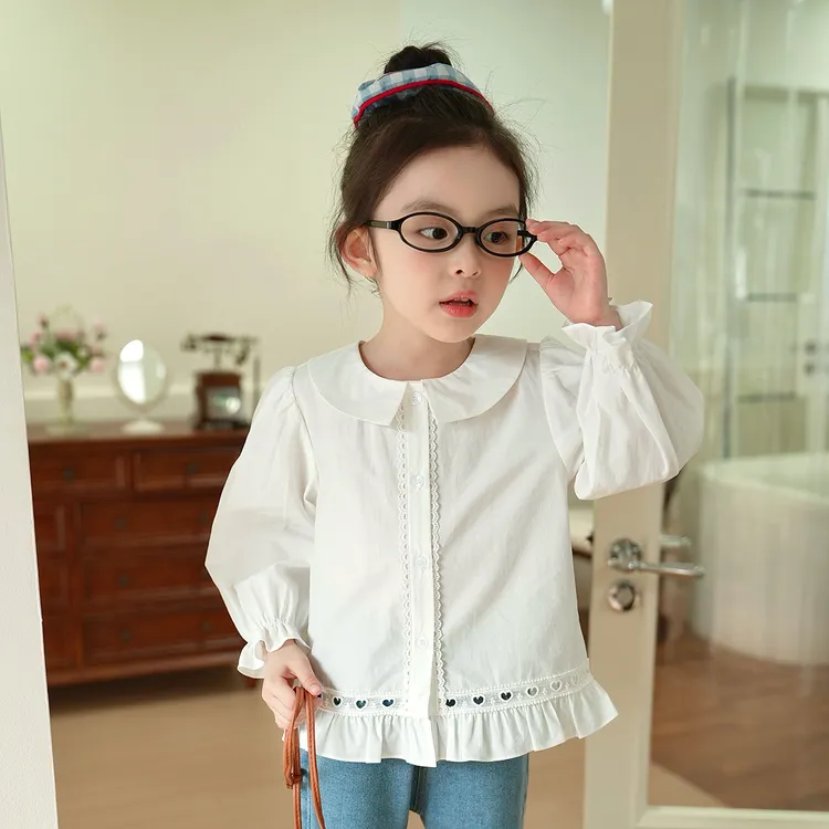 现货【月谣】7539女童纯棉衬衫秋款2025新款上衣纯色女宝娃娃领衬衣