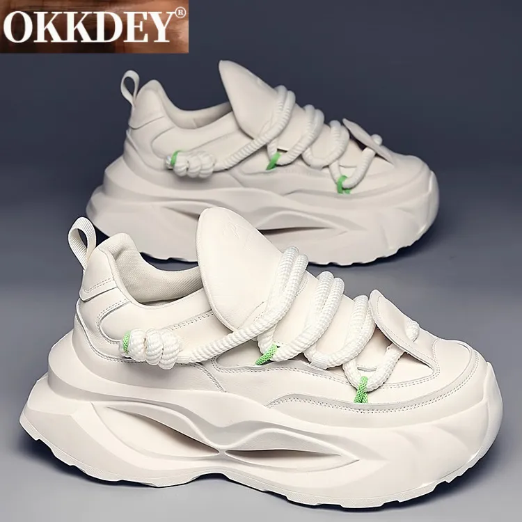 okkdey真皮耐磨复古老爹鞋男款厚底增高运动鞋子透气百搭休闲男鞋