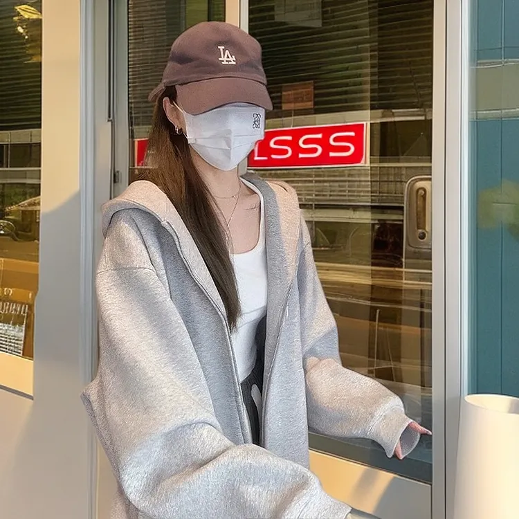 2025早春新款外套连帽卫衣女春秋季灰色爆款休闲慵懒开衫拉链上衣