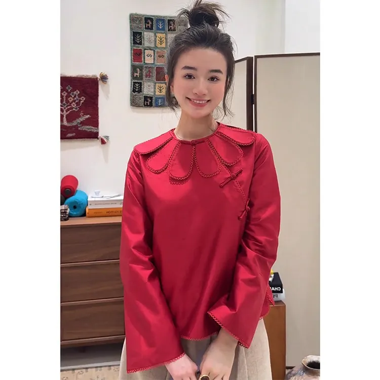 高级感百搭显瘦花边盘扣纯色衬衫潮2025秋季新款气质休闲长袖上衣