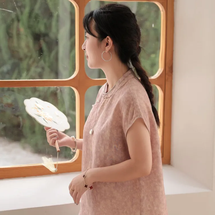 麻享【粉红佳人·醉芙蓉】60支纯汉麻文艺小衫透气印花女装FSY50712