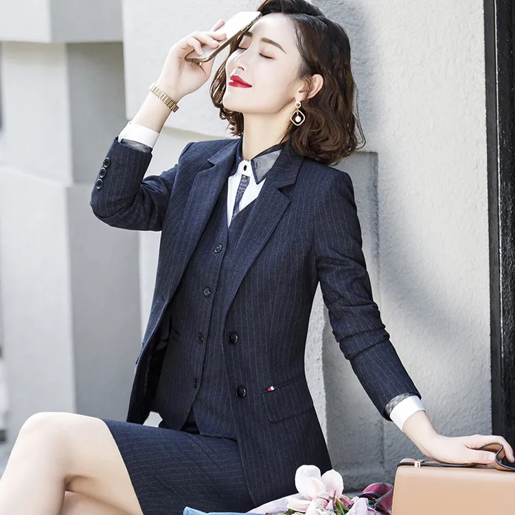 高端职业套装女春秋条纹西装气质女神范正装制服售楼部工作服女装