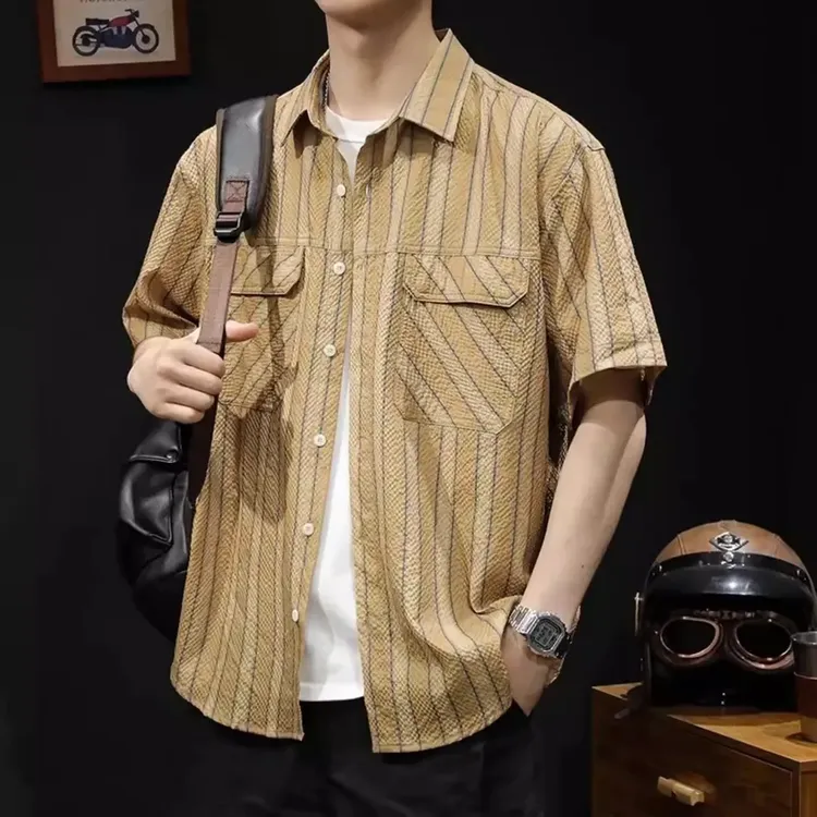 【条纹冰丝短袖衬衫】仓石一树男士夏季薄款休闲宽松复古半袖衬衣潮