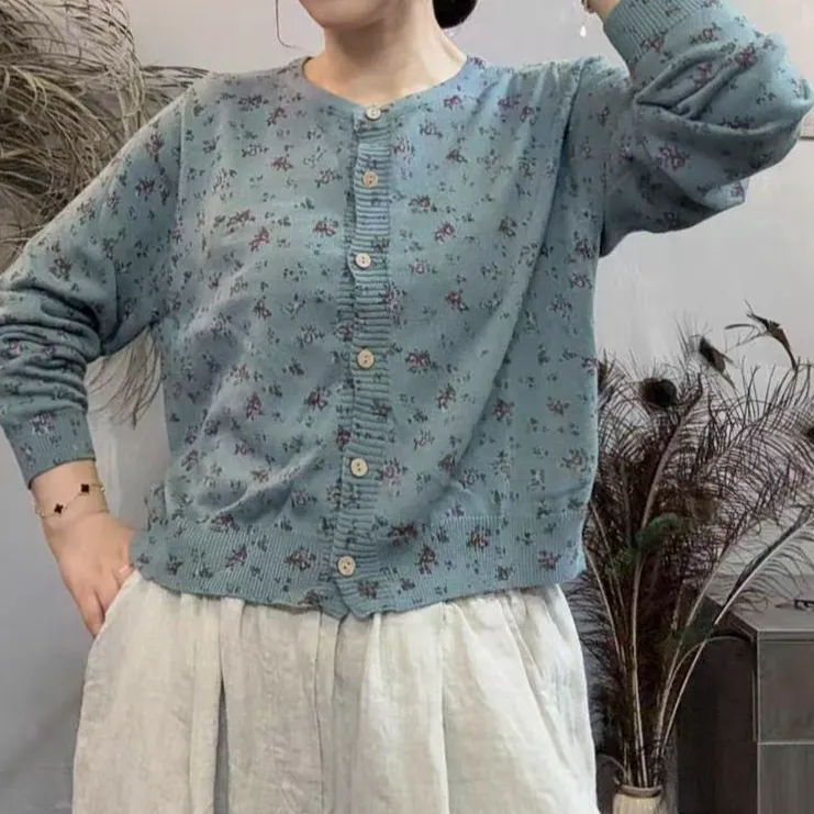 小个子2886初秋短款小碎花针织长袖小开衫衣长50左右胸围110左右