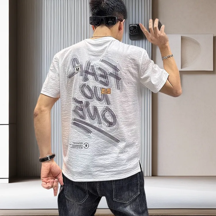 殿若夏季新款亚麻短袖t恤男棉麻圆领印花冰丝透气凉感薄款上衣潮