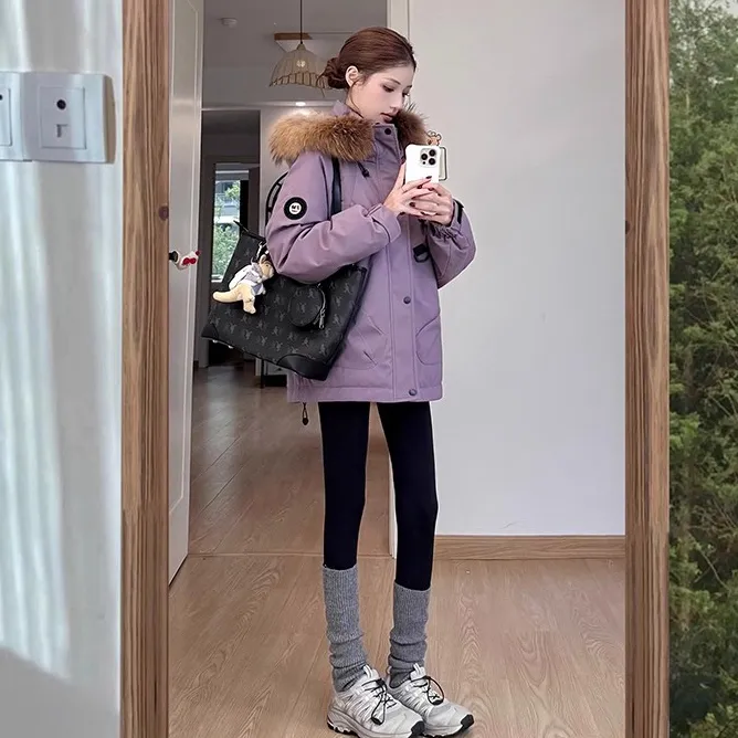 紫色工装连帽大毛领派克服2025女冬季高级感棉服加厚保暖棉衣外套