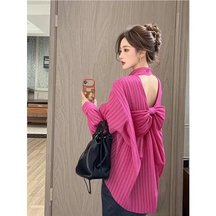 2025款夏季薄款衬衣外套镂空露背上衣法式玫红色蝴蝶结防晒衬衫女