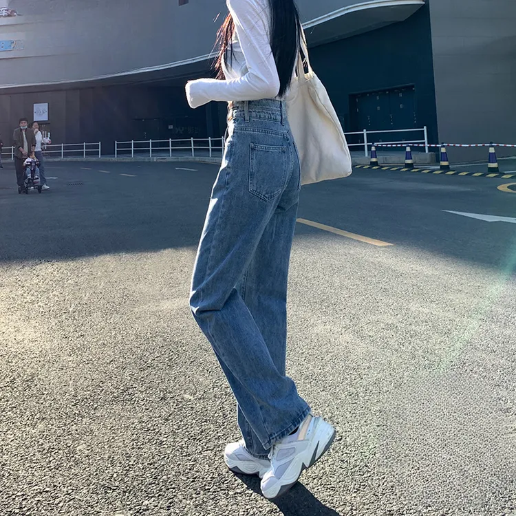 高腰显瘦阔腿牛仔裤女款2025新款秋冬加绒百搭舒适窄版直筒裤子