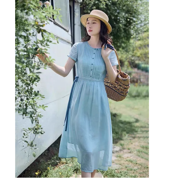 红念文艺蓝色苎麻连衣裙收腰显瘦小众女装夏季禅意气质款气质裙子