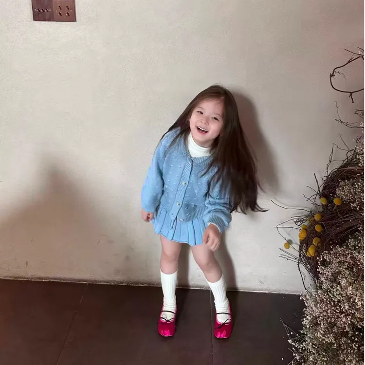 壹妈童装女童2025秋冬甜美套装新款洋气百搭针织连帽开衫百褶裙