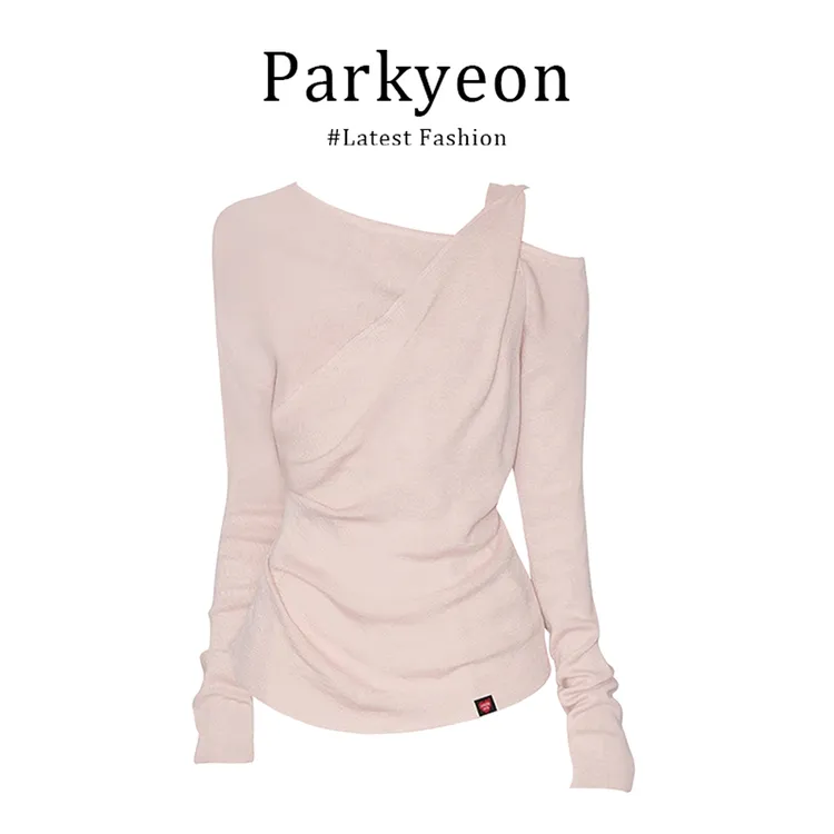 纯欲斜领褶皱长袖T恤女秋季设计感露肩打底衫针织上衣