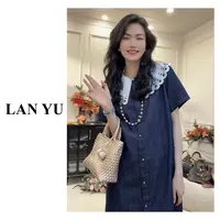 【戛纳】不掉色薄款软牛仔~刺绣大翻领牛仔连衣裙女LY