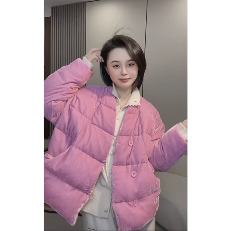 奕奕推荐《艳紫粉》桑蚕丝丝绒羽绒服白鸭绒加厚保暖外套女