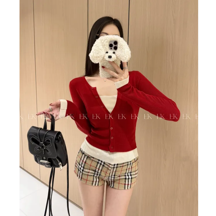 慵懒松弛感假两件针织衫女早秋新款休闲外穿撞色拼接辣妹上衣3053