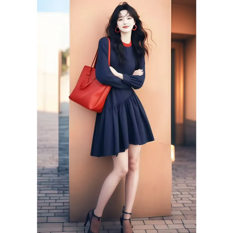 御姐穿搭开春气显瘦打底不规则深蓝色连衣裙冷淡系独特别致裙子女