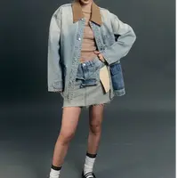 9584蟹-街头风薄款秋季水洗翻领女短外套破洞外套复古做旧