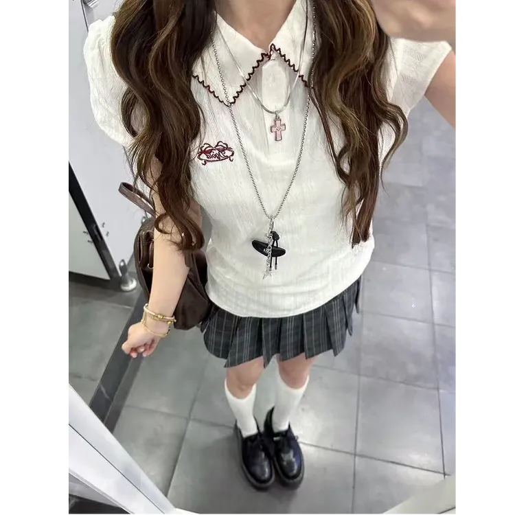 polo领学院风正肩短袖t恤女夏季设计感小众修身显瘦辣妹短款上衣
