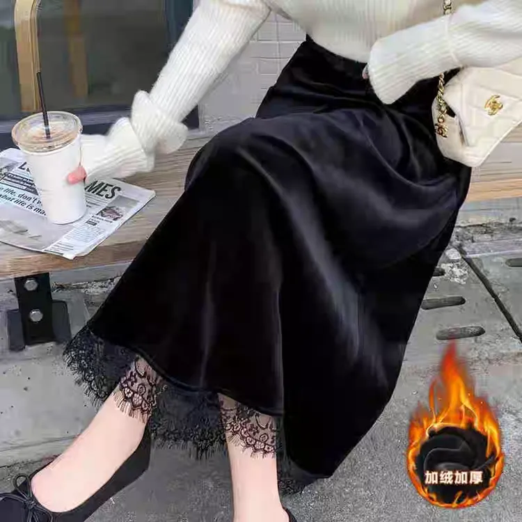 【工厂直发】加绒加厚丝绒半身裙女秋冬高腰垂坠感蕾丝拼接a字伞裙