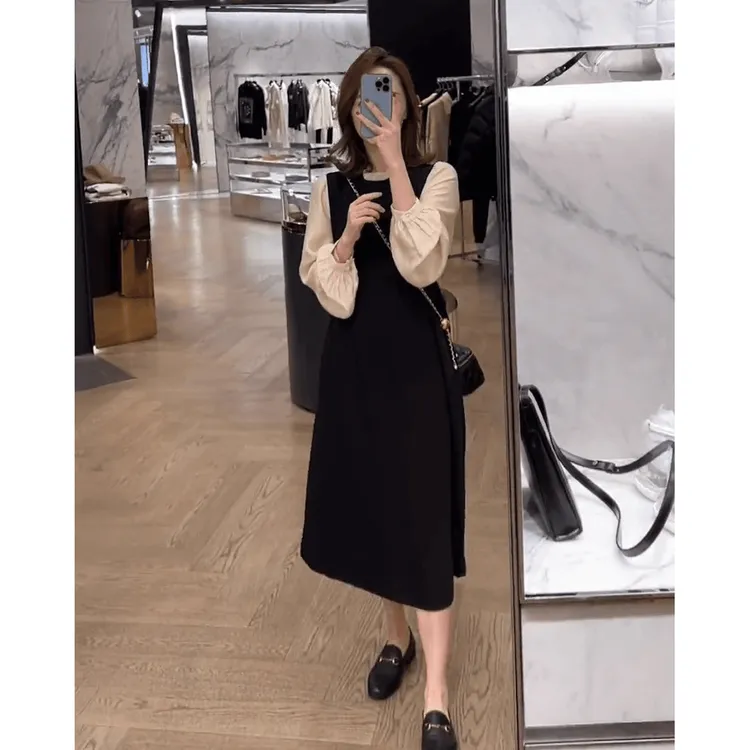 法式小黑裙秋季新款气质名媛假两件a字连衣裙纯欲慵懒风女装洋气