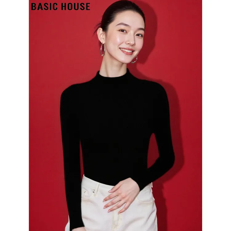 Basic House/百家好法式修身半高领长袖针织衫黑色打底女2025秋冬