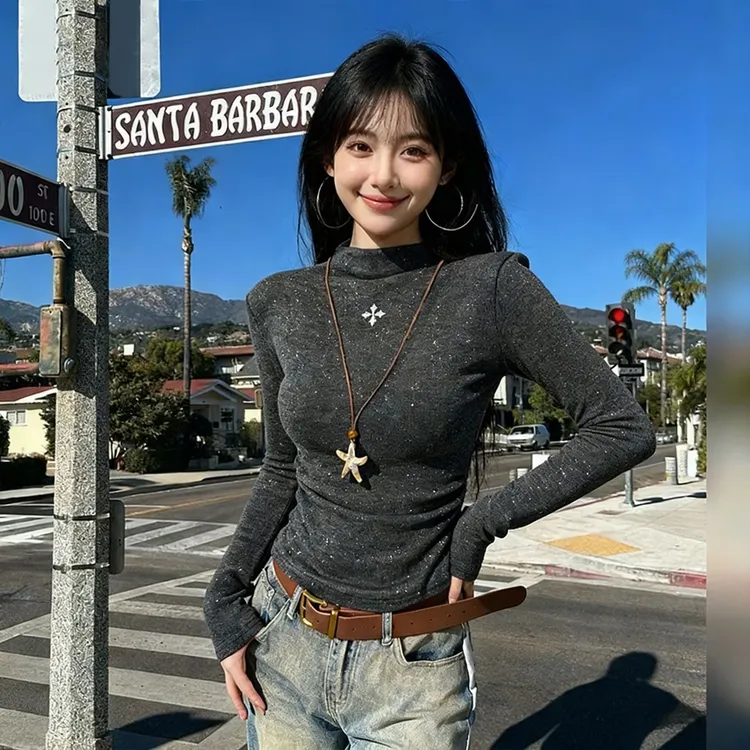 加绒大码微胖MM磨毛褶皱打底衫设计款十字架满天星内搭T恤长袖