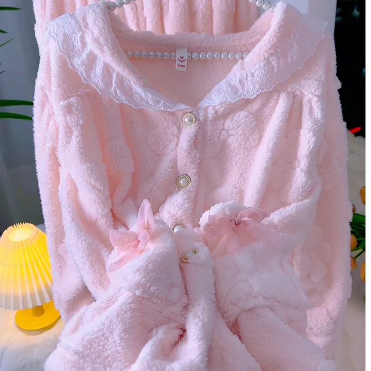 新秋冬长绒毛暖暖开衫女居家服保暖睡衣套装